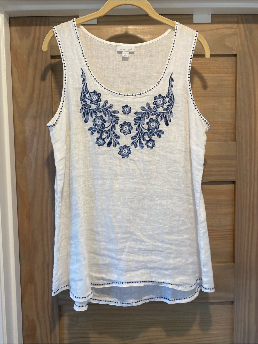J. Jill White Linen Tank with Navy Floral Embroidery